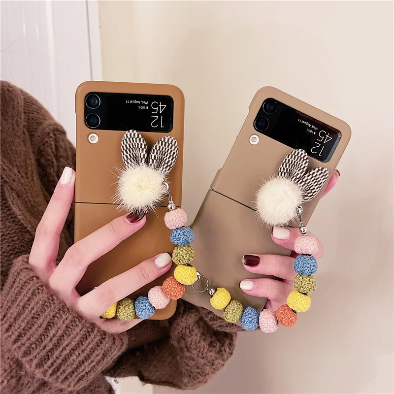 Роскошные чехлы для телефонов Samsung Galaxy Z Flip 3 милые пушистые уши с бусинами чехол