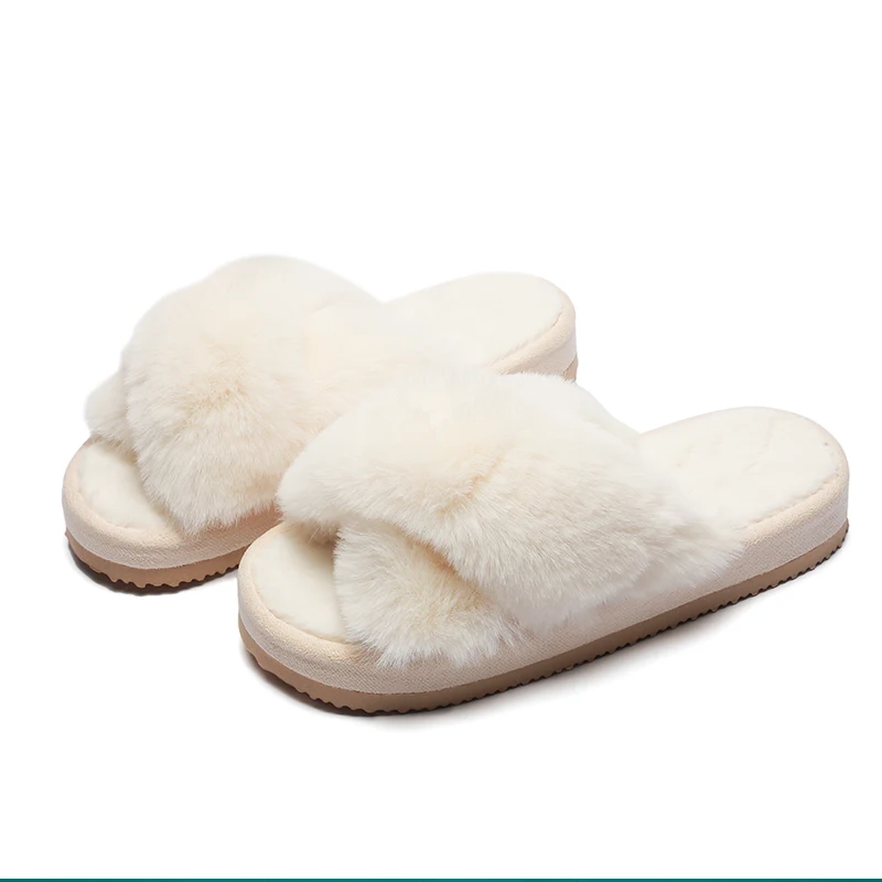 

Women Fur Slippers Chic Cross Band 3cm Heel Soft Plush Indoor Ladies Platform Shoes Open Toe Fluffy House Slippers
