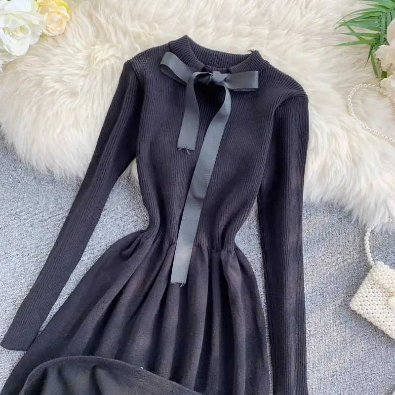 ALPHALMODA осеннее трикотажное платье с длинными рукавами и галстуком-бабочкой, милое женское платье с тонкой талией в консервативном стиле, трикотажное платье