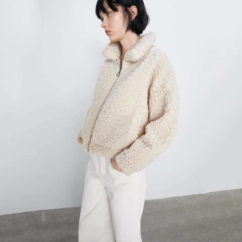 2019 ZA новое пальто из искусственного меха Женское с отворотом и длинным рукавом