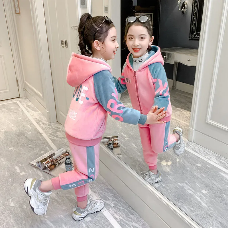 

Girls Suit Coat+Pants Cotton 2Pcs/Sets 2021 New Arrive Velvet Warm Winter Autumn Thicken Teenager Outdoor Children Clothing