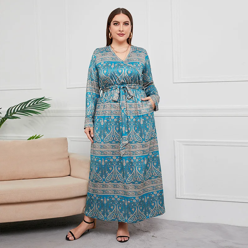 

2021 Spring Autumn Long Sleeve Dress Woman V Neck Retro Printing Vintage Dress Pockets High Waist Plus Size Women Clothing
