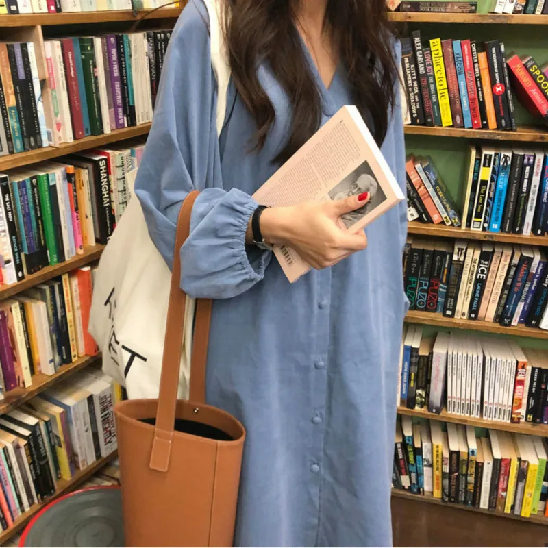 Women Spring Autumn Long Sleeve Cordoroy Shirt Dress V Neck Loose Plus Size Single Breasted Dresses with Waistbelt | Женская одежда