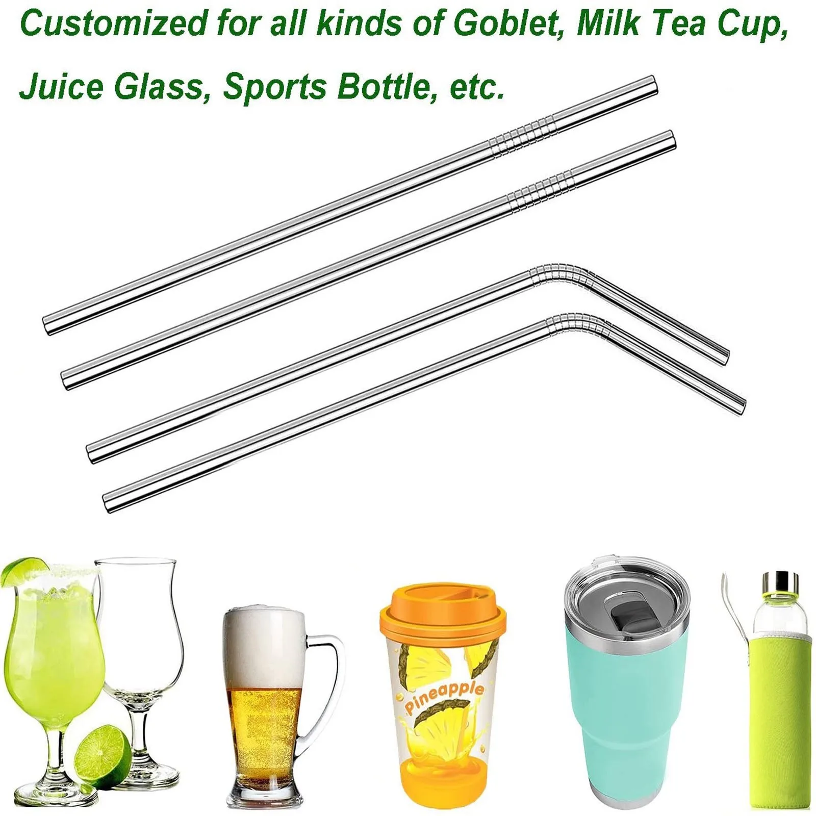 

4pcs Reusable Drinking Straw Set Straight Bent 304 Stainless Steel High Quality Metal Straw With Cleaner Brush Bar Accessories
