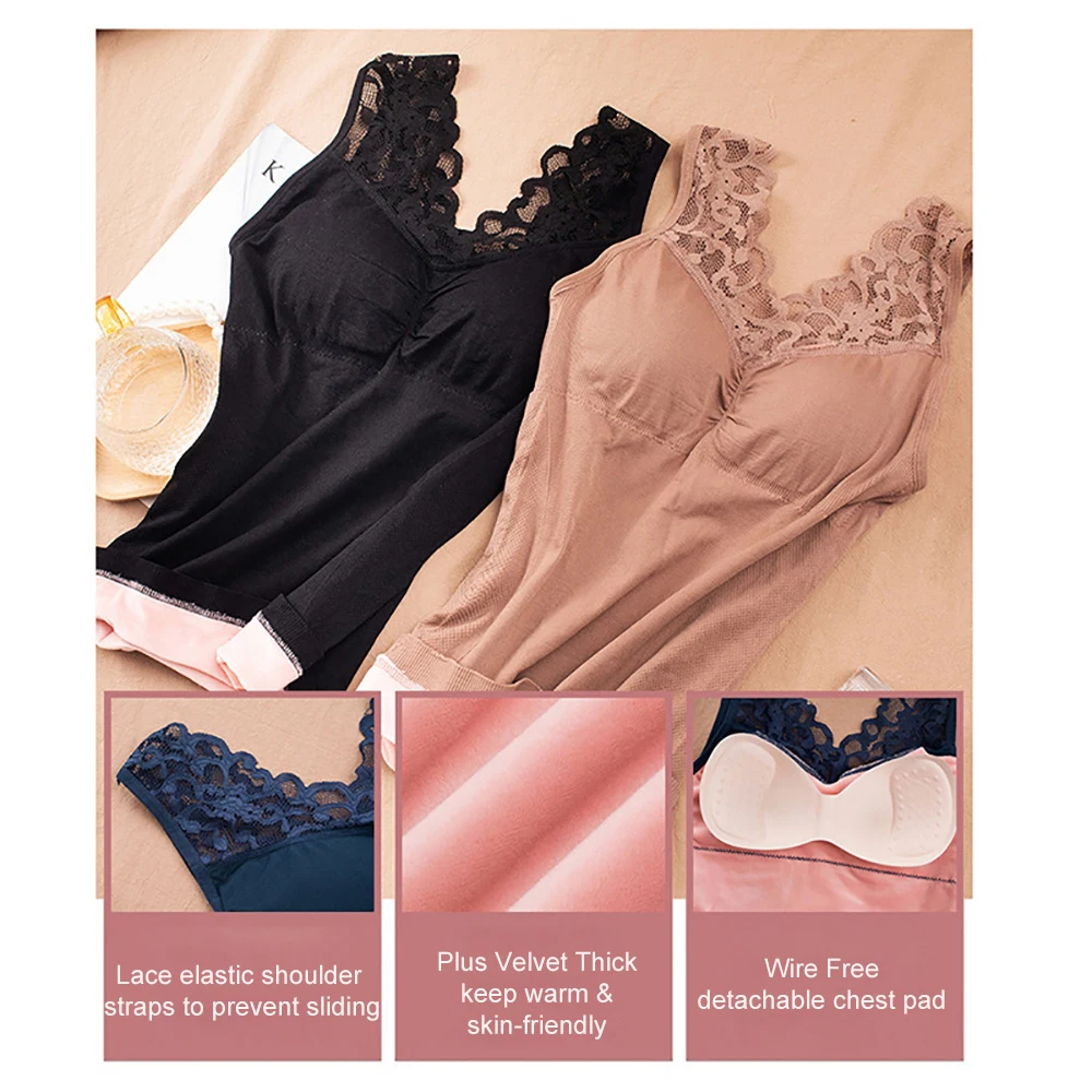 

Warm Plus Velvet Thick Women Tank Top Sexy Slim Lace Beauty Back Tube Tops Female Push Up Padded Bralette Crop Top Body Building