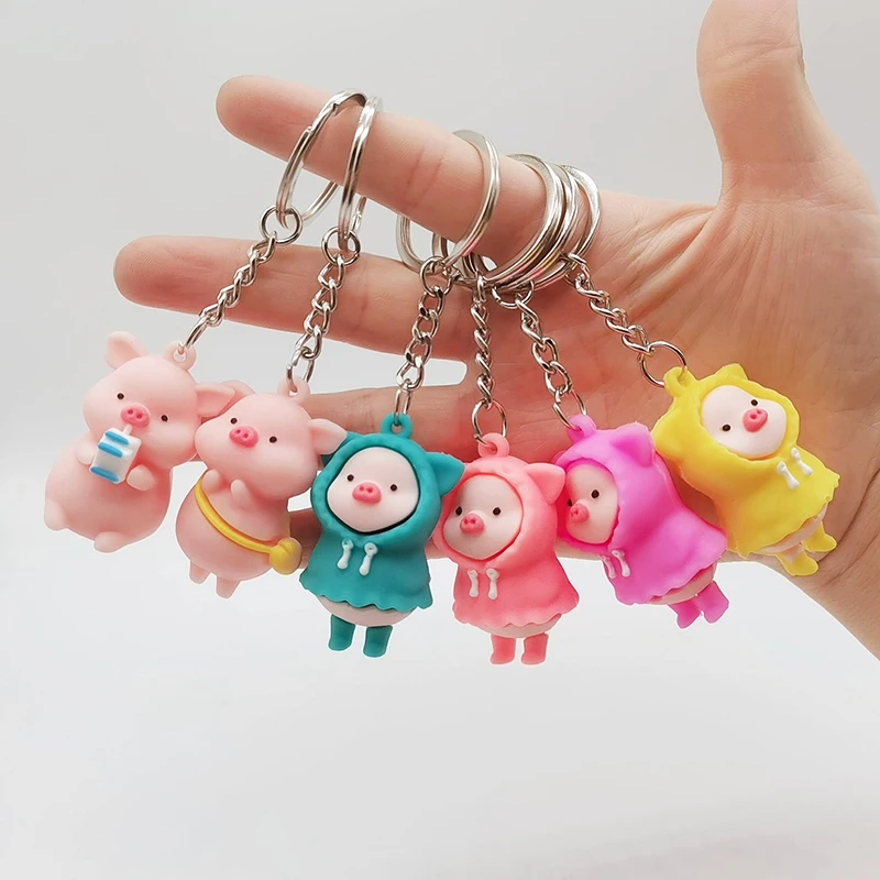 

Cute Cartoon Raincoat Piggy Doll Keychain Holding Milk Pig Key Ring School Bag Backpack Charm Car Key Pendant Key Chain Gift