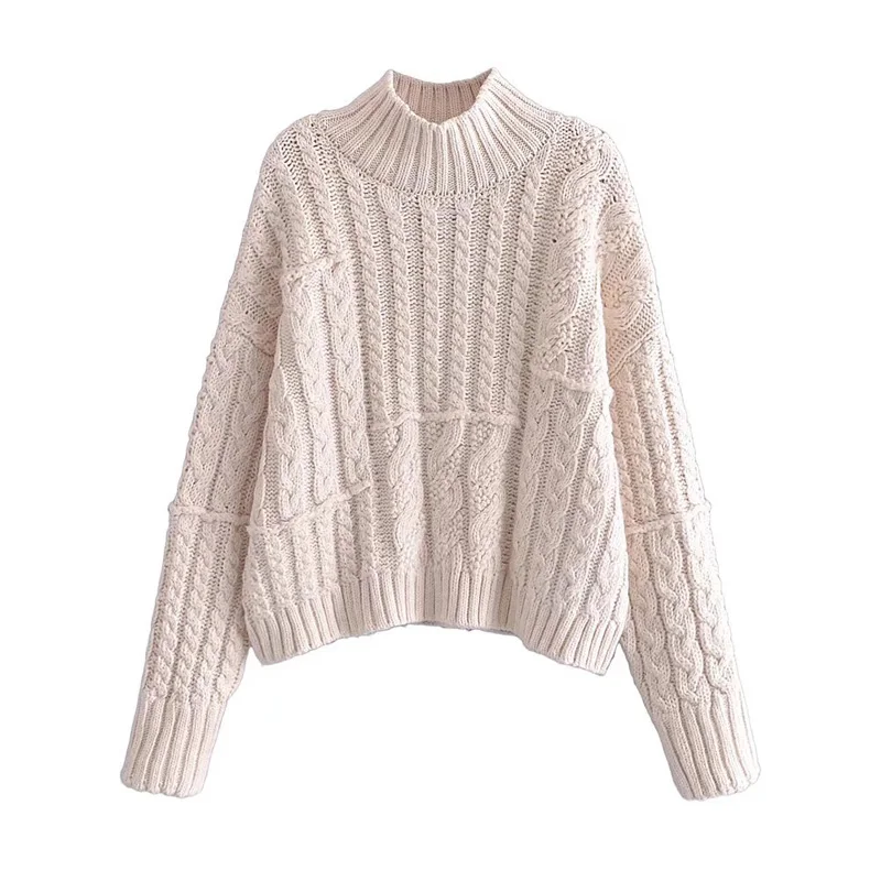 

Women Autumn Ribbed Sweater 2021 Casual Knitting Solid Stand-UP Collar Female Elegant Street Warm Pullover Sweater