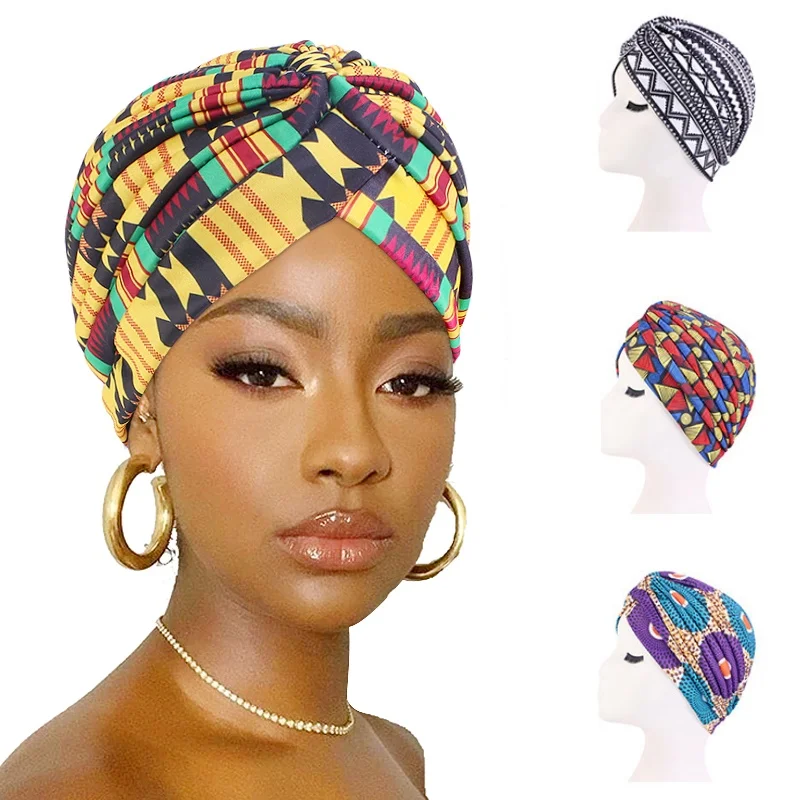 

African Print Stretch Twisted Turban Cap Scarf For Women Cancer Chemo Hat Beanie Cap Head Wrap Hair Accessories Turbante Mujer