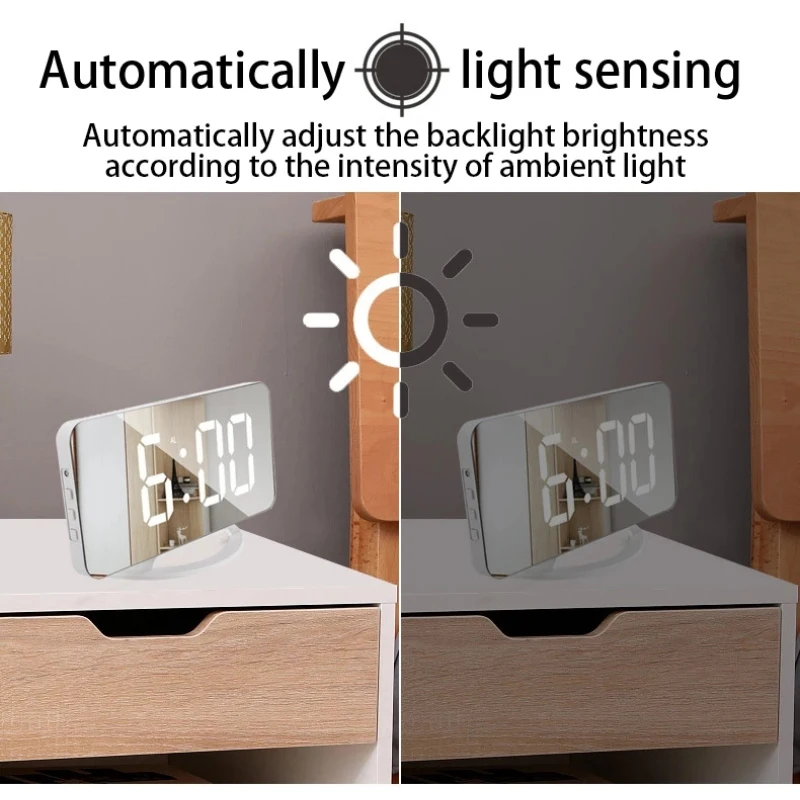 

Digital LED Alarm Clock Mirror Night Light LED Table Clock Snooze Function 2 USB Charger Ports Adjustable Brightness Desk Clocks