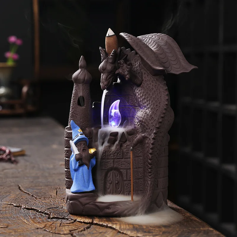 

New Product Purple Sand Backflow Incense Burner Creative European Style Pterosaur Wizard LED Lamp Reflux Incense Burner