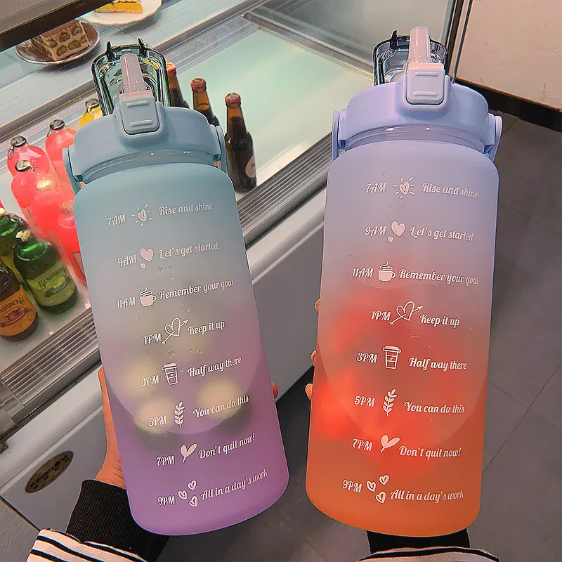 

2L Large Capacity Outdoor Sports Water Bottle BPA-Free Leakproof Plastic Water Cup Time Scale Frosted Fitness Student Couple Cup