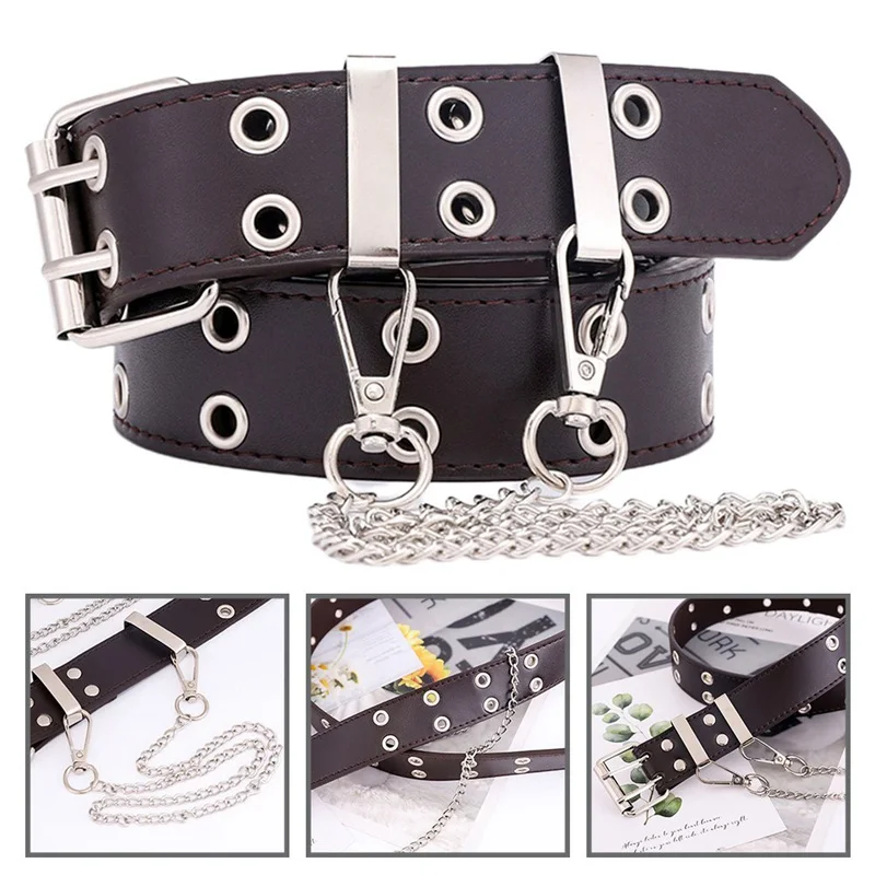 

Women Punk Chain Fashion Belt Adjustable Double Single Row Hole Eyelet Waistband With Eyelet Chain Decorative Belts