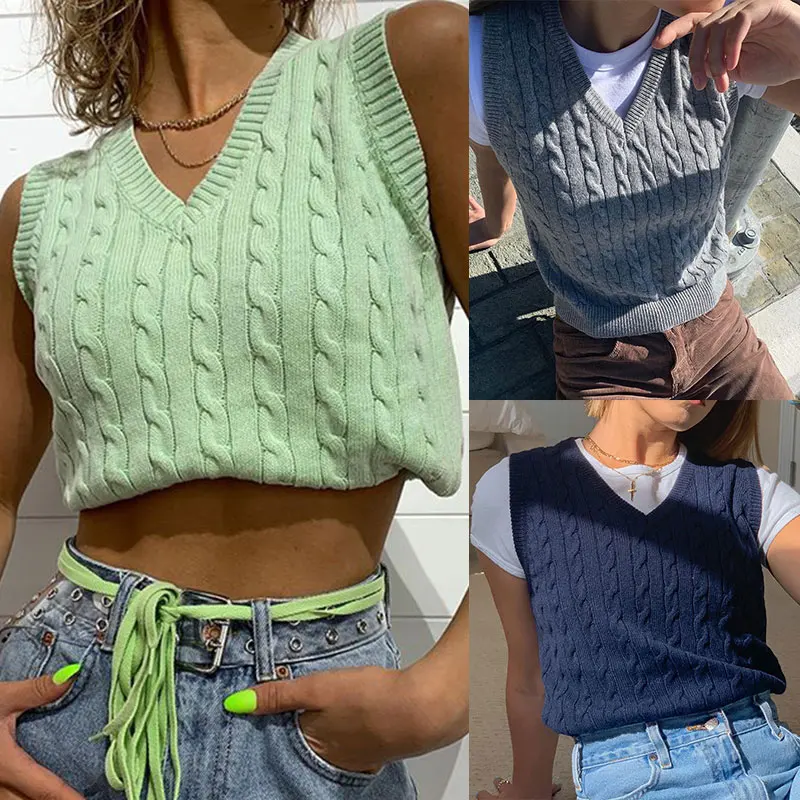 

Sweater Streetwear Knitwear V Neck Tank Tops Vintage Knitted Vest Sleeveless Loose Women Sweater Solid Sweater