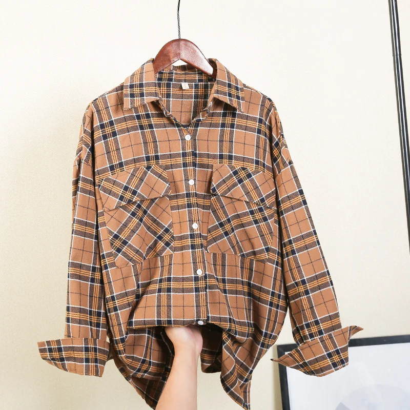 Женская Длинная блузка на пуговицах свободная в клетку с принтом одежда для