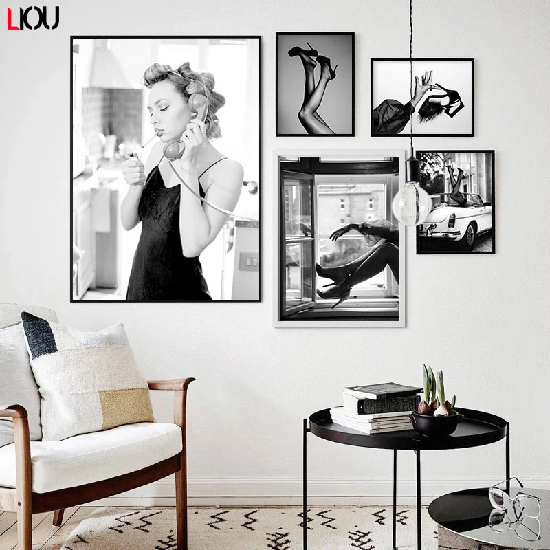 Модный плакат черно-белая леди классическое художественное окошко Картина на