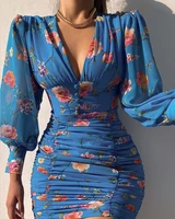 autumn women floral print bodycon ruched dress 2022 femme casual lantern sleeve v neck mini bodycon robe office lady outfit y2k