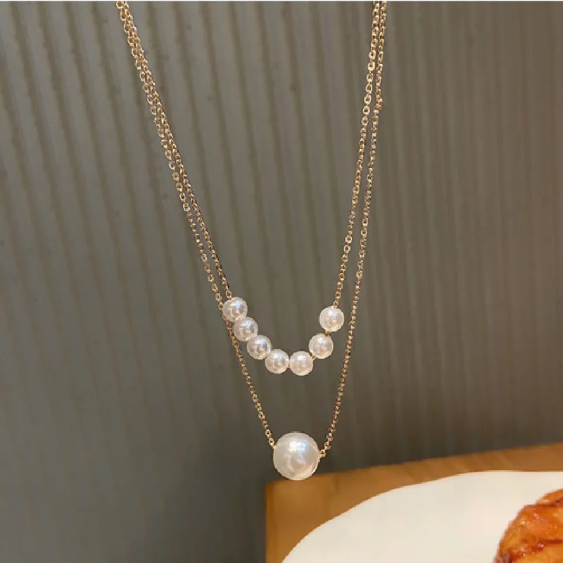 

Korean Fashion Jewelry Statement Necklace Double Layer Imitation Pearl Clavicle Chain Necklace Women Choker Wholesale