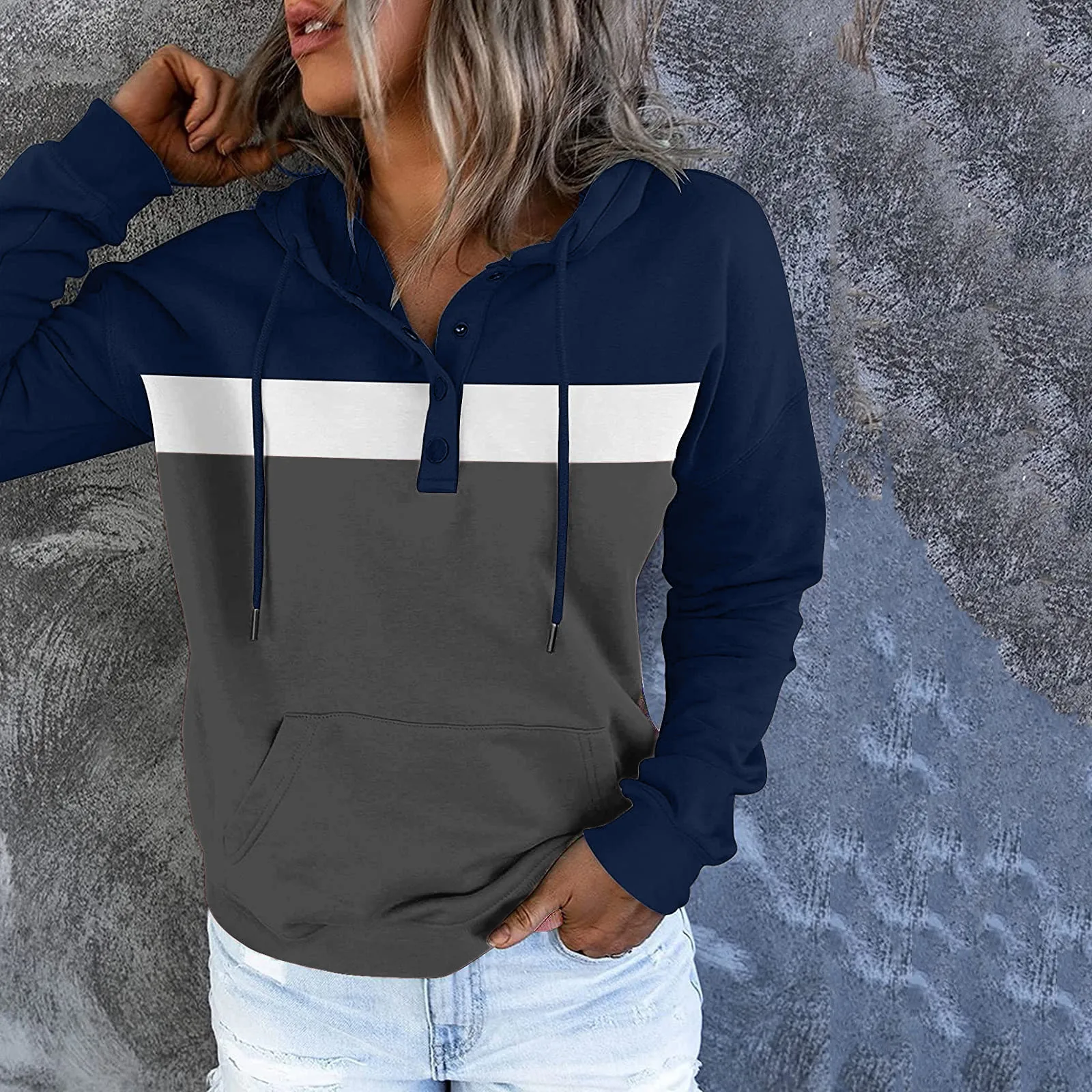 

Autumn Women Hoodies Fashion Buttons Long Sleeve Patchwork Hooded Sweatshirt Casual Oversized Women Clothing Tracksuit#fs