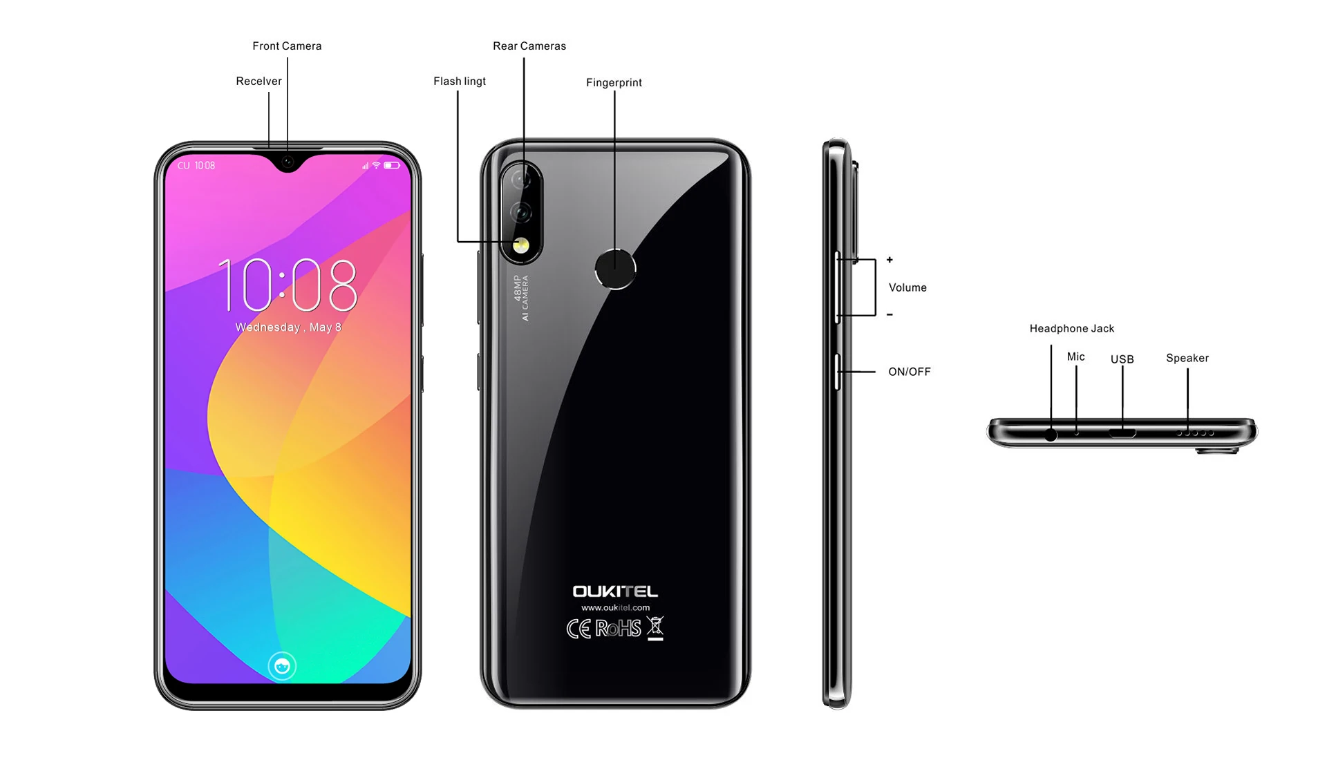 OUKITEL Y4800 6G ram 128G rom 6," FHD экран Android 9,0 мобильный телефон Восьмиядерный отпечаток пальца 4000mAh 9 V/2A Лицо ID смартфон