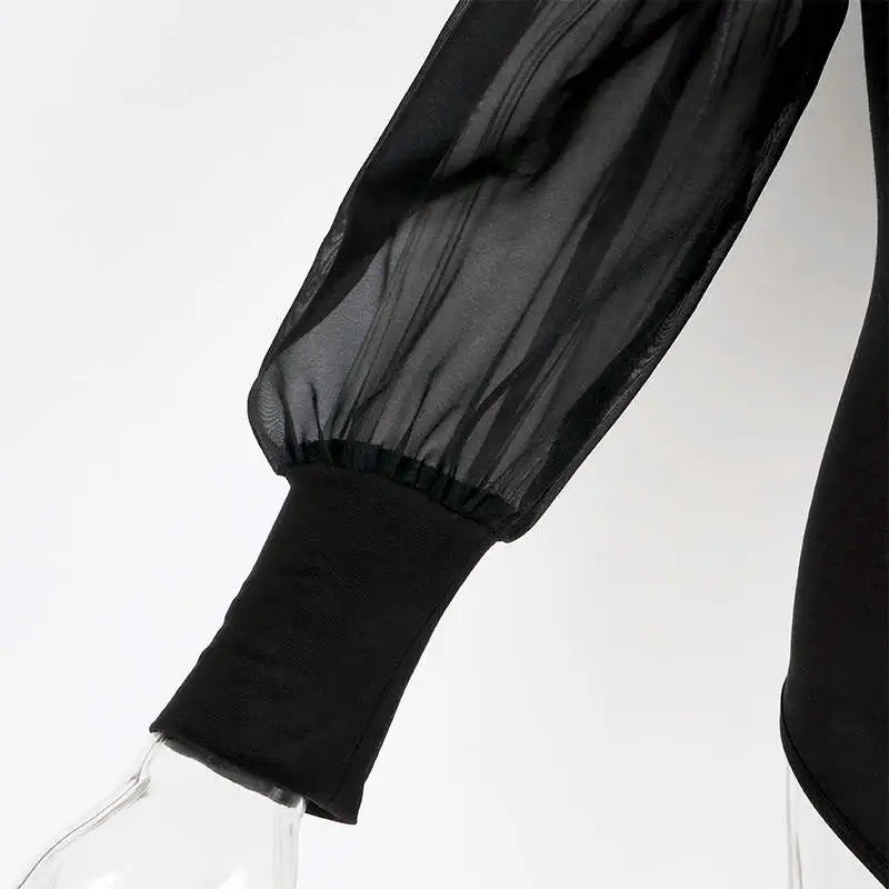 

Black Contrast Mesh Puff Sleeve Mid Waist Skinny Bodysuit Women Autumn Plain Elegant Bodysuits