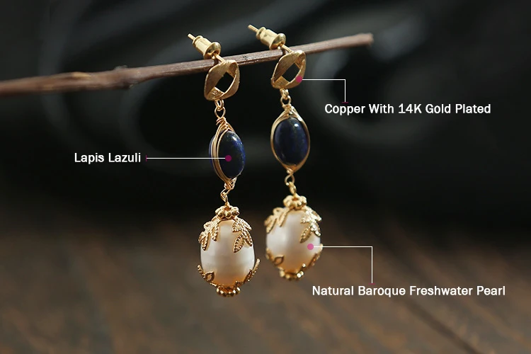 

Charm Drop Earrings Natural Lapis Lazuli For Women Wedding Gift Natural Pearl Dangle Earrings Hand Created Fashion Jewelry