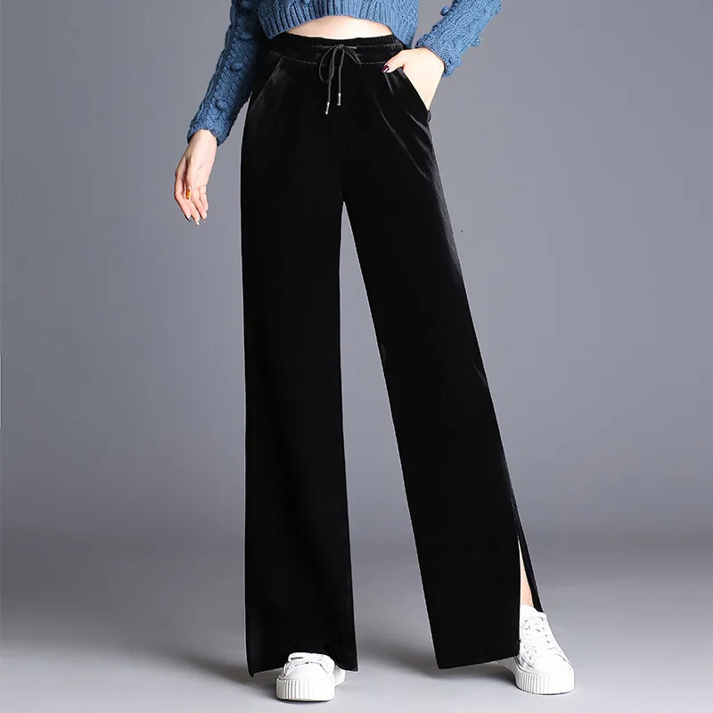 

Wide Leg Woman Down Thicken Loose Casual High Quality Velvet Pants 2020 Autumn Winter Warm Black Trousers Female Big Size