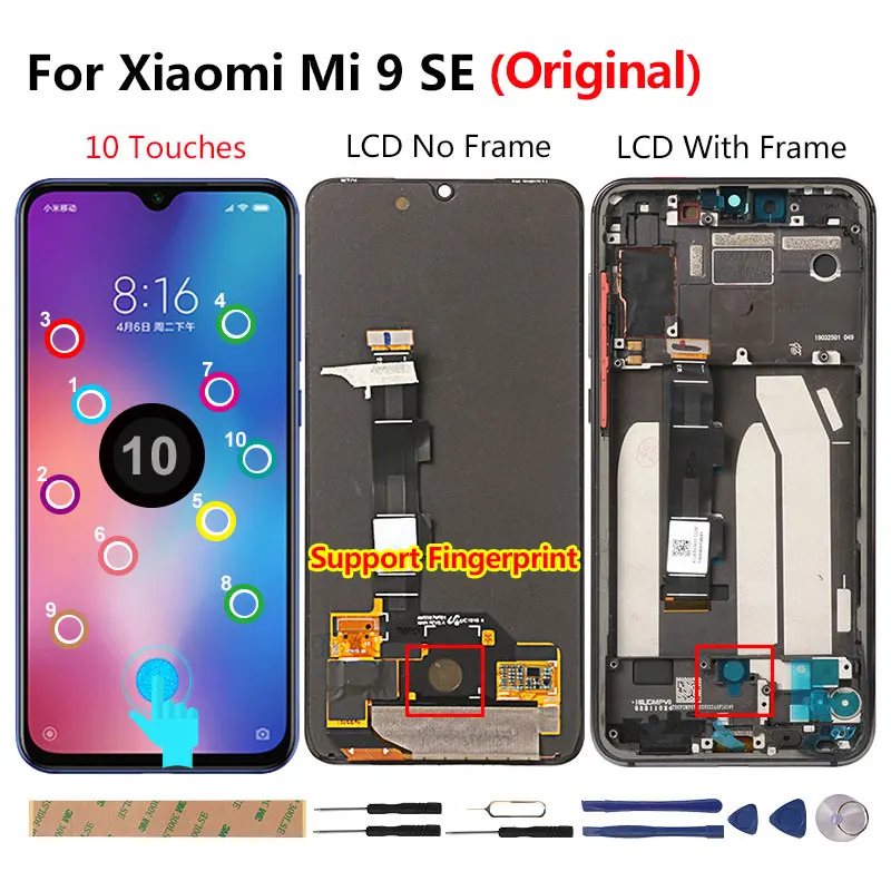 Pantalla Amoled para Xiaomi Mi 9 SE, repuesto para LCD con huella dactilar, t&aacute;ctil, 10, para Mi9, 9SE, M1903F2G-1