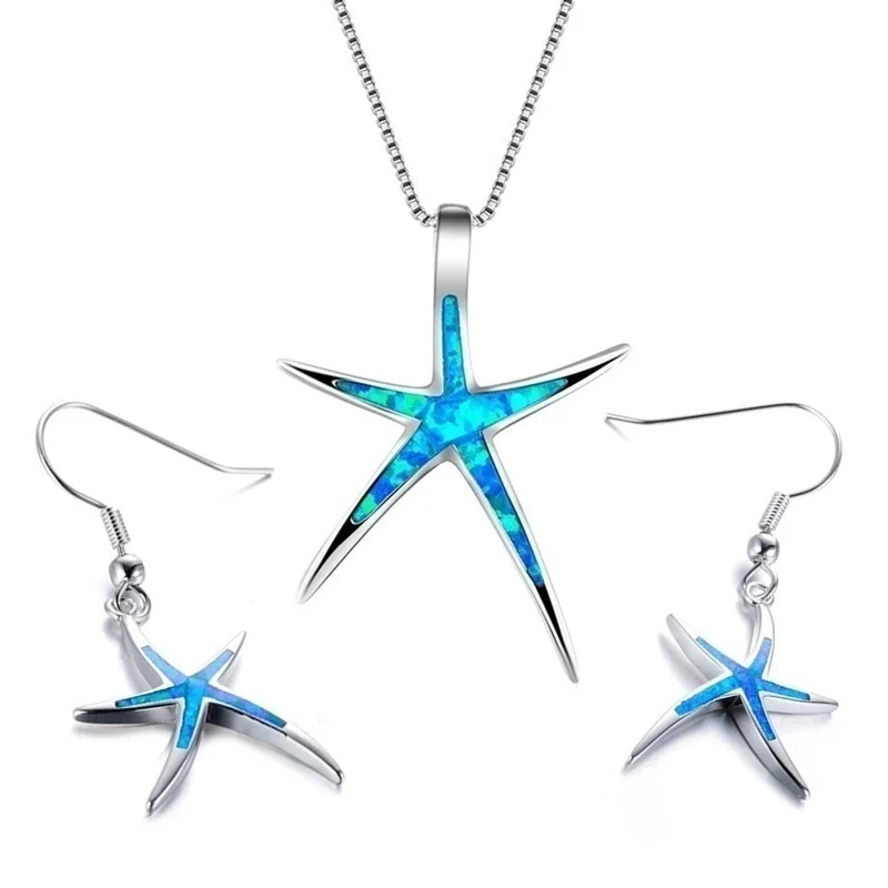 

Exquisite Starfish Design Blue Imitation Fire Opal Women Pendant Necklace With Earrings For Women Fashion Jewelry Set Party Gift