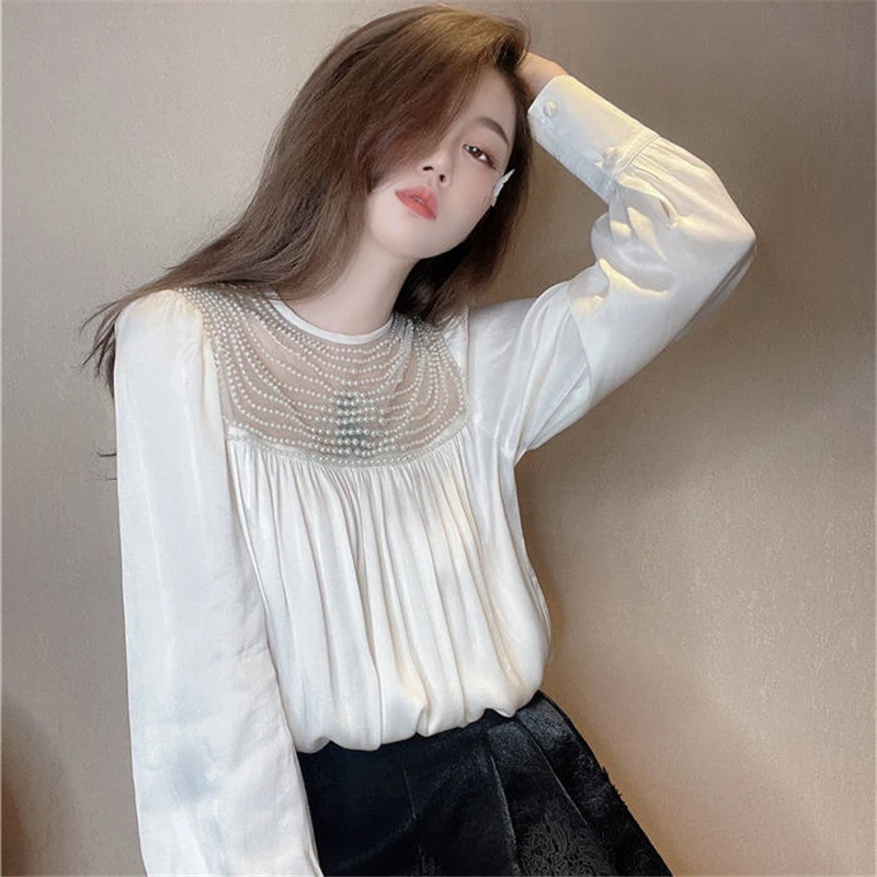 

2022 Elegant Noble European High-end Craftsmanship Acetate Satin Loose Shirt Pullover Bottoming Shirt Tops Ladies Clothing