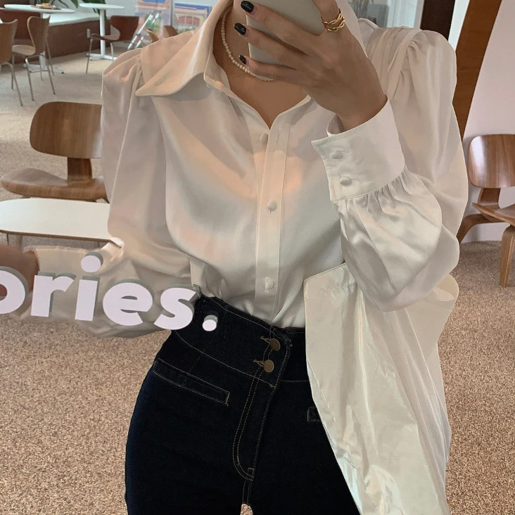 

Spring Autumn Women Fashion Long Sleeves Satin Blouse Vintage Femme Street Shirts Elegant Imitation Silk Blouse