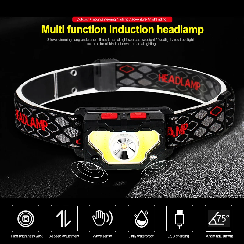 

Outdoor charging sensor camping headlight with magnet hook night fishing Adjustable Waterproof COB LED strong head lamp