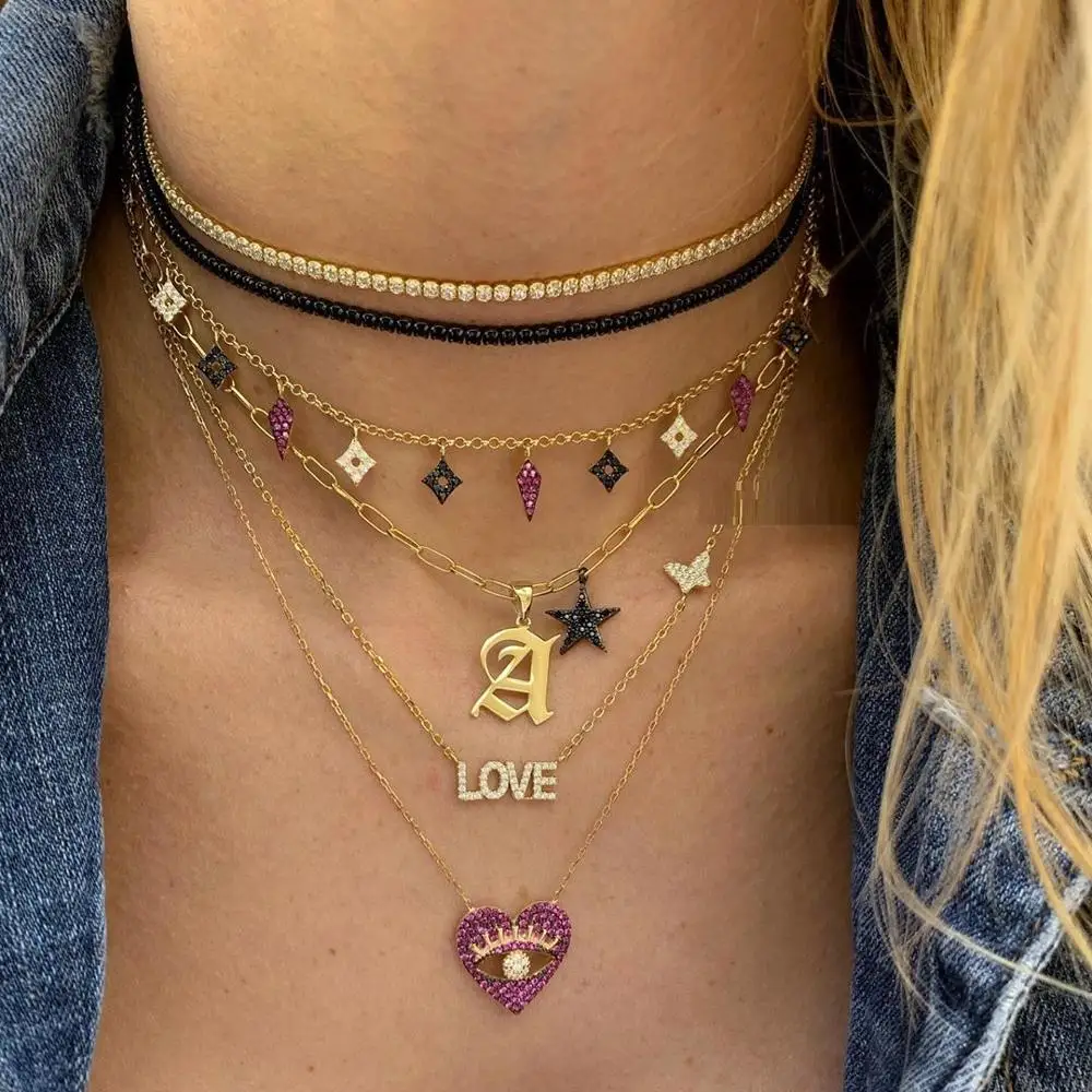 

Rose gold color fashion women jewelry micro pave red cubic zirconia heart shaped evil eye necklace