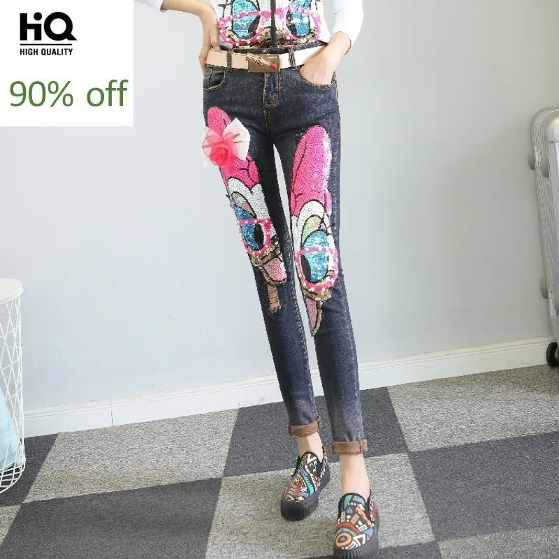 Милые модные женские джинсовые брюки с аппликацией в стиле пэчворк узкие