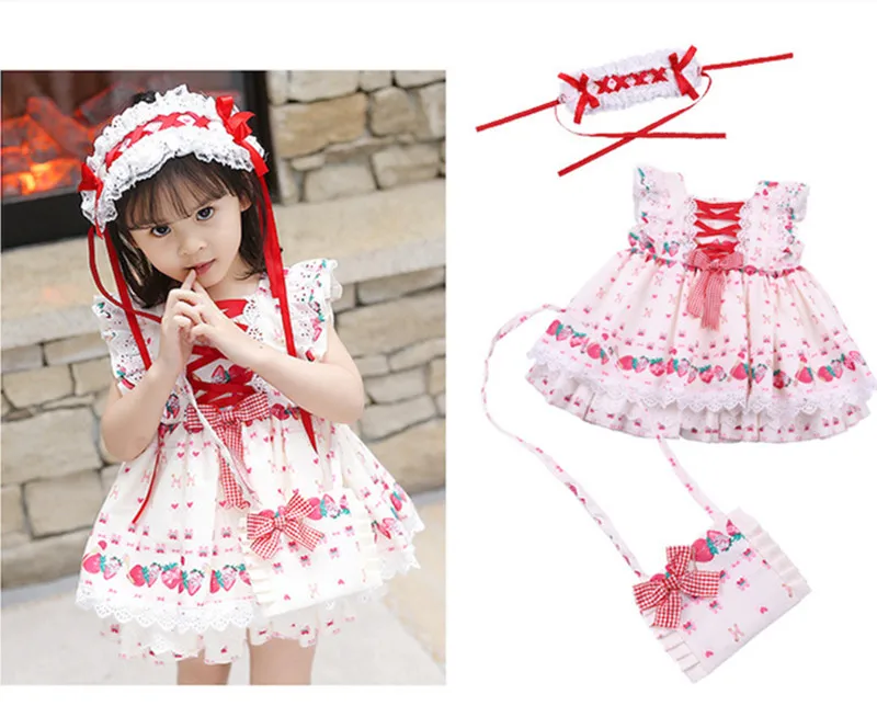 

3PCS Spain Dress for Girls Birthday Party Costume Kids Strawberry Print Lace Frocks 2020 Summer Baby Girl Dress Toddler Vestidos