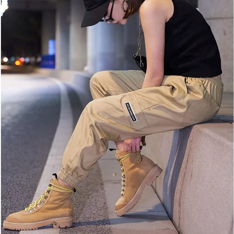 Черный Высокая талия женские брюки-карго с накладным карманом Повседневное