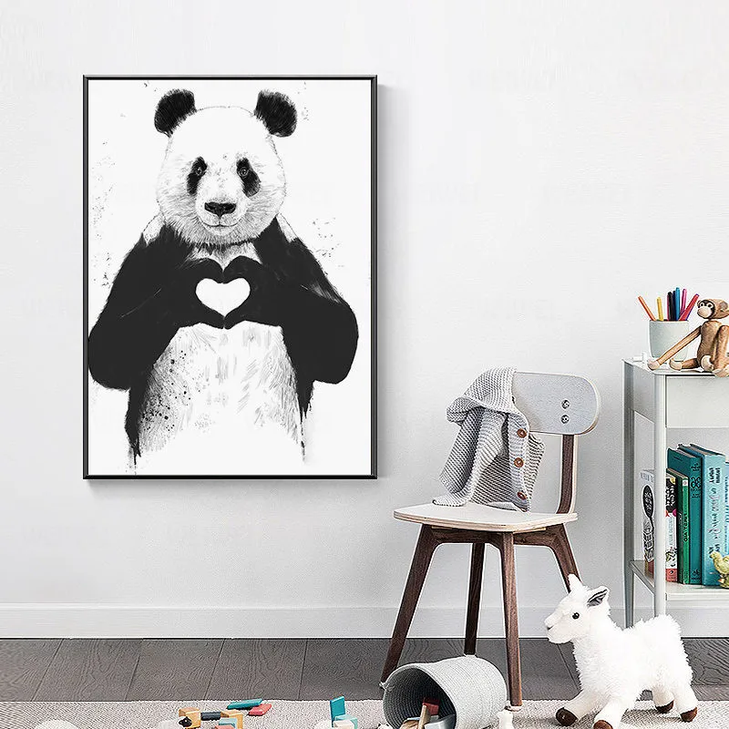 

Funny Black White Animals Poster Nordic Cartoon Canvas Painting Wall Art Cute Panda Boston Terrier Pictures Modern Home Decor