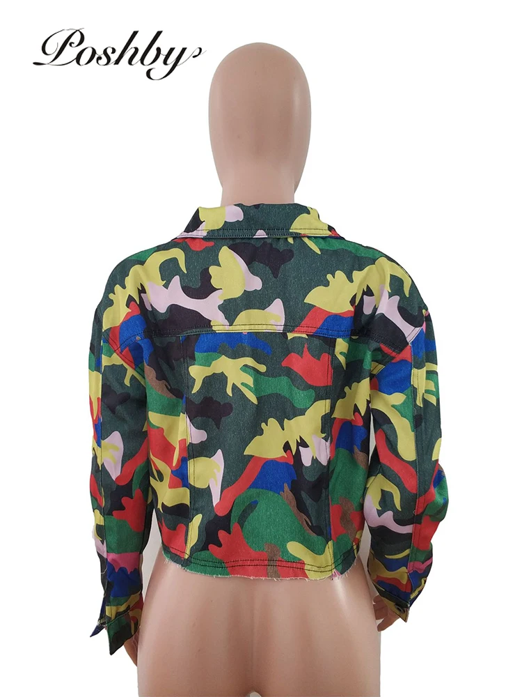 

Poshby Spring Women Camouflage Jacket Autumn Crop Top Turn Down Collar Camo Ladies Clothes Chic Short Military Manteau Coat