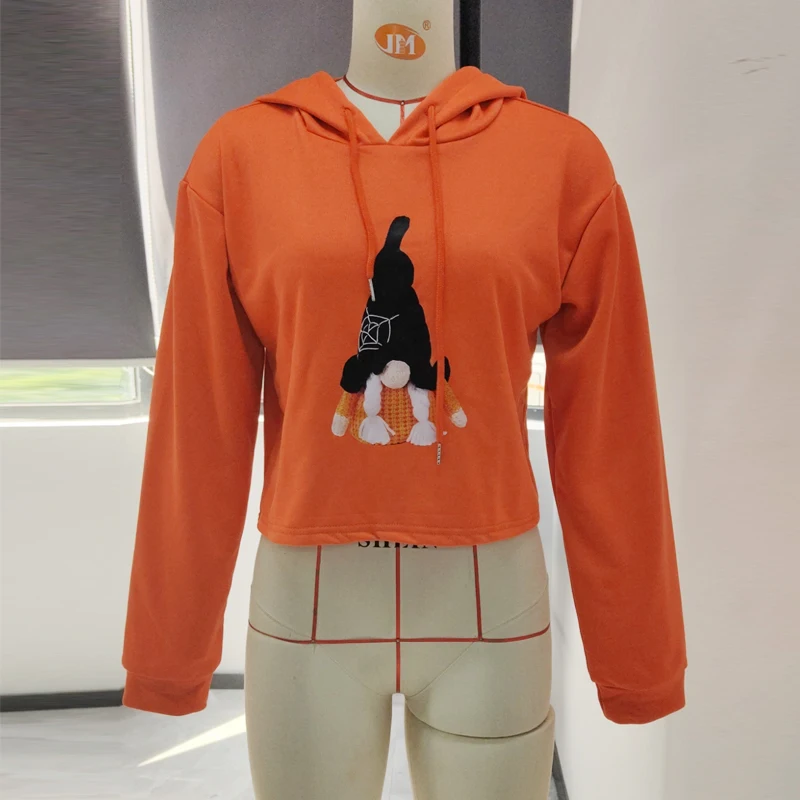 

2021 New Autumn Women Cute Gnome Print Hoodies Fashion Long Sleeve Drawstring Loose Sweatshirts Orange