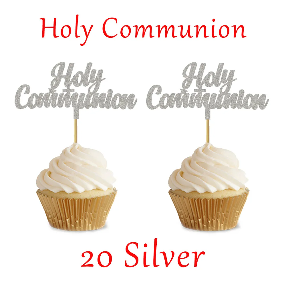 20pcs Silver English 20 штук Золотой Серебряный Primera Comunion украшения для кексов, Первое Святое Причастие вечерние украшение для торта Топпер - Цвет: 20pcs Silver English