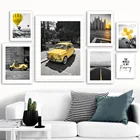 Черный пейзаж, желтый мото горячий шар, автомобиль, настенная Картина на холсте, скандинавские плакаты и принты, настенные картины для декора гостиной