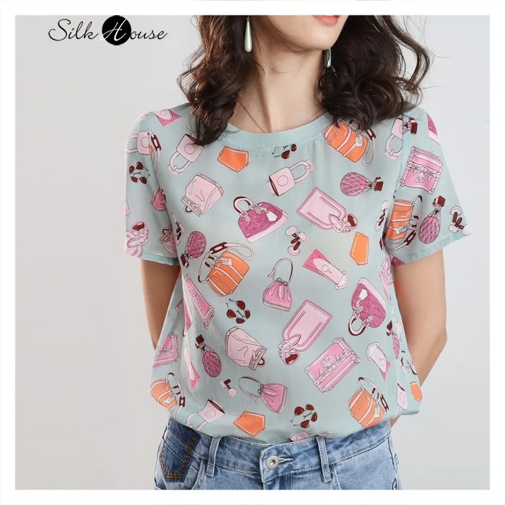 

Printed short sleeve women's loose 2021 summer new Hangzhou silk T-shirt silk T-shirt