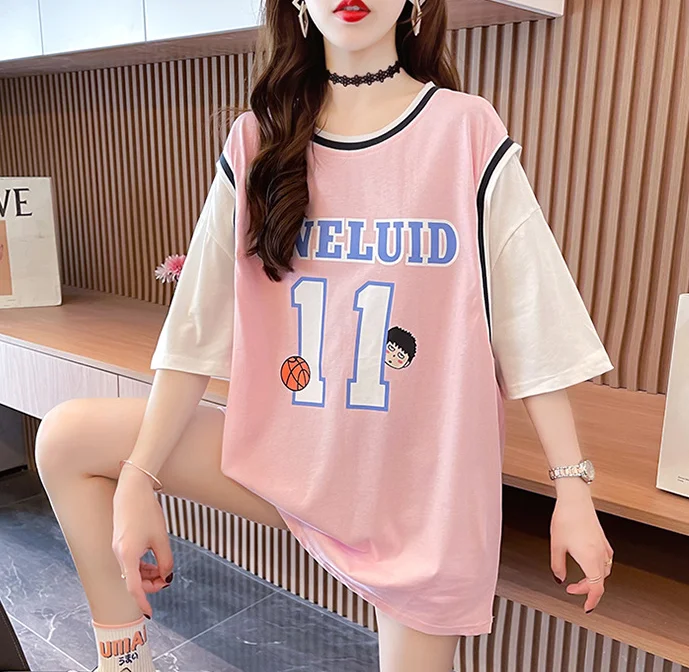 

Summer 2021 new fake two basketball wear medium long round neck short sleeve T-shirt women loose large size women