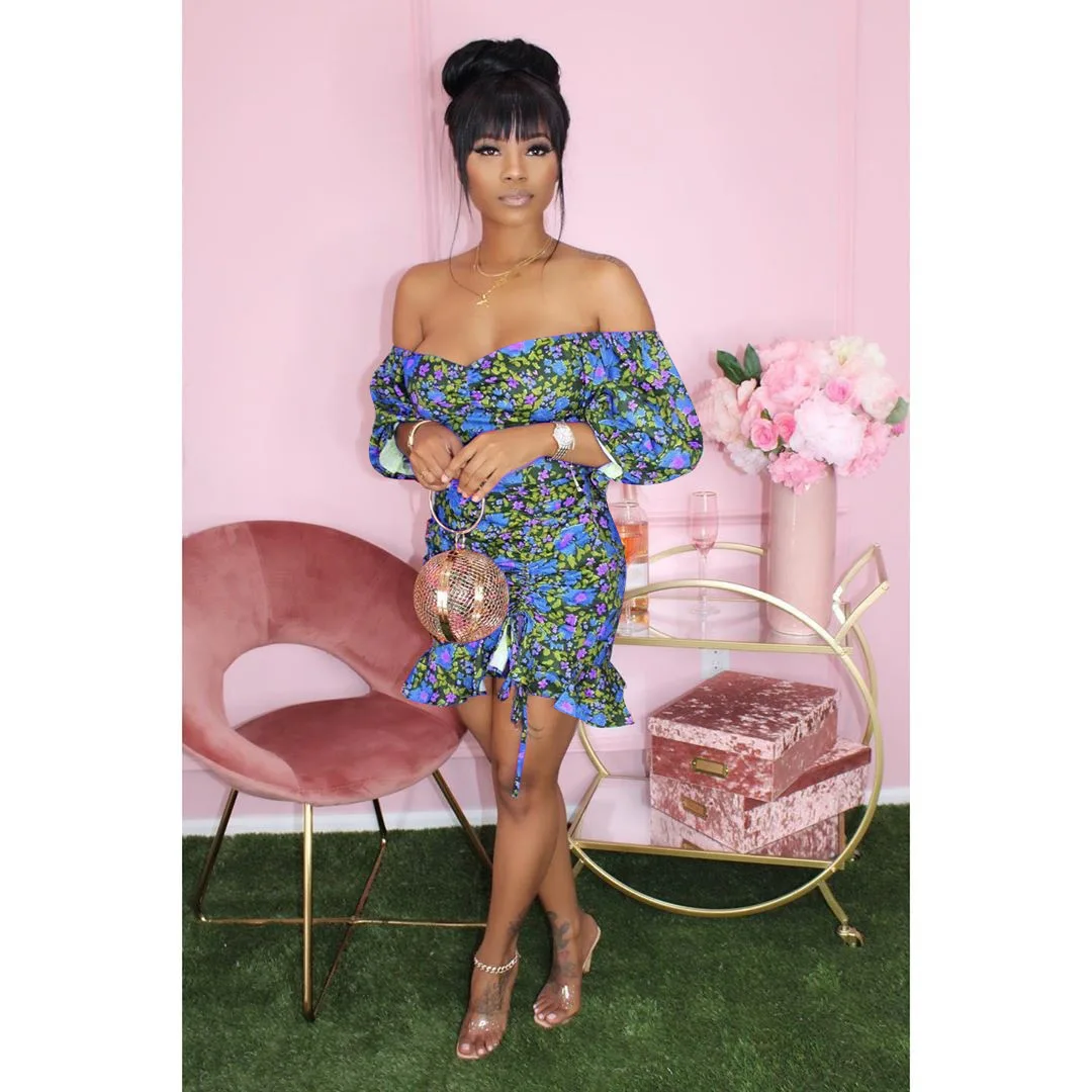 

Women Slash Neck Puff Sleeve Floral Mini Dress Summer Plus Size Sexy Sweet Off Shoulder Mini Floral Mini Dress Women
