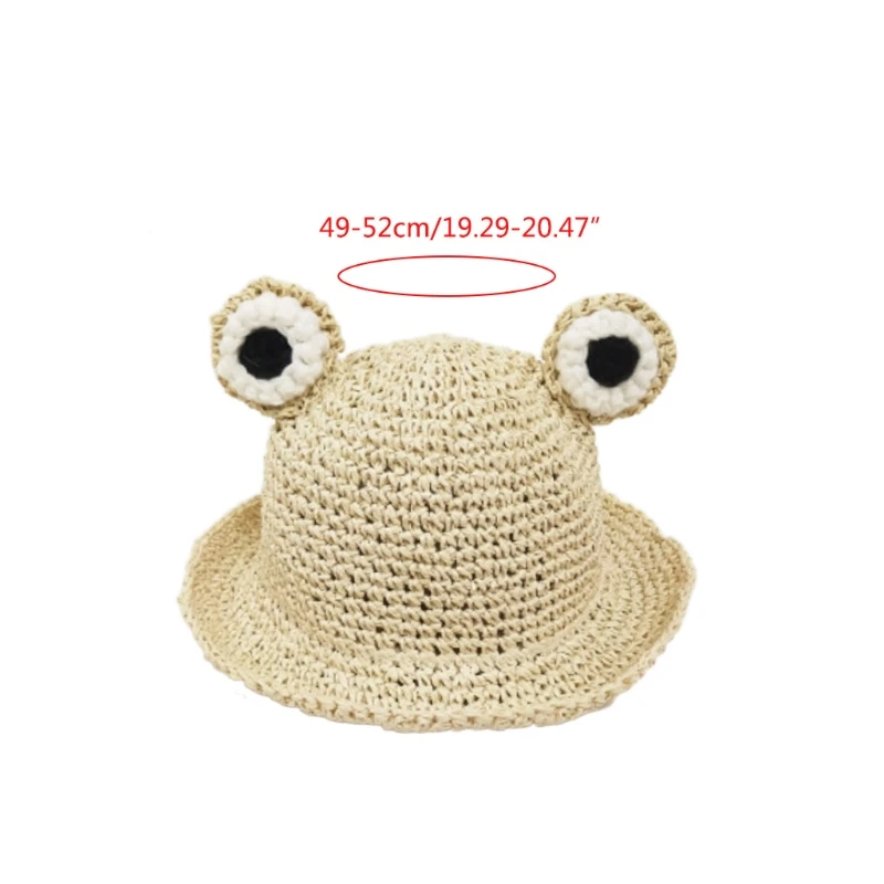 

Toddler Kids Straw Summer Sun Hat Cute Cartoon Frog Eyes Wide Brim Sunscreen Foldable Beach Fisherman Cap with Chin Strap