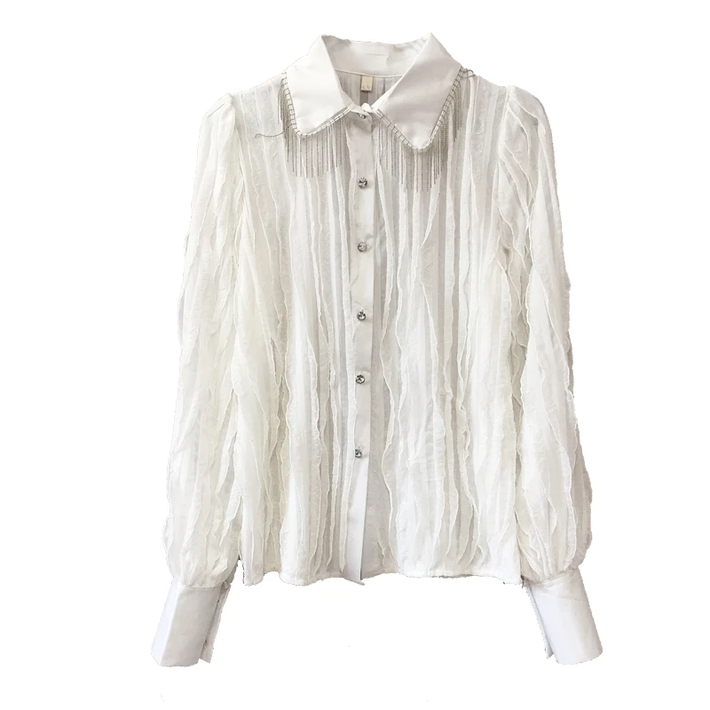 

elegant women Blouses 2020 Spring Fashion Chains Tassel Collar Wave Blouse Office Lady Tops Autumn Ruffled Shirts for Woman