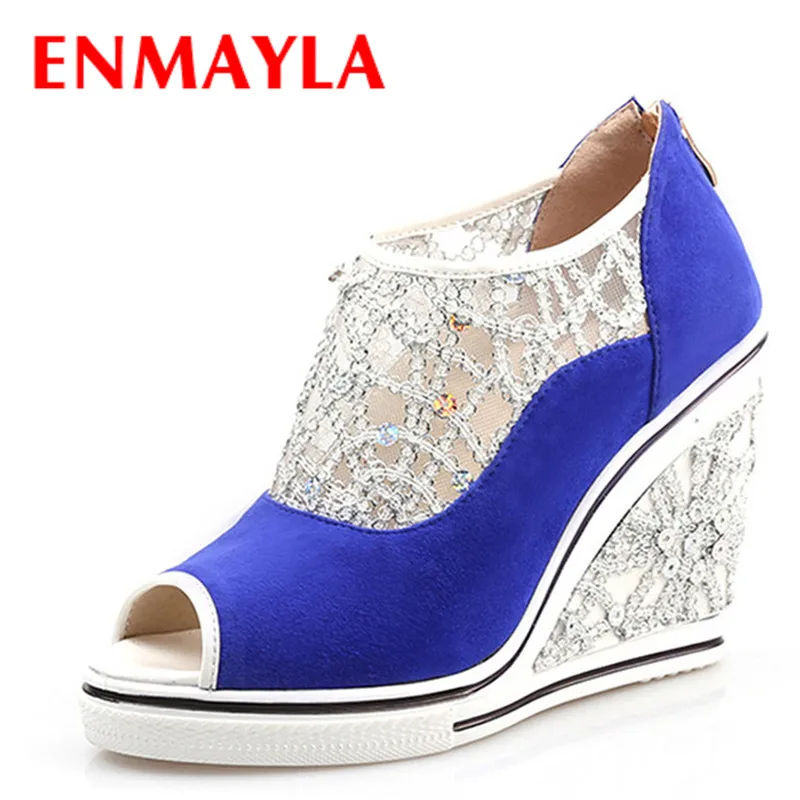 

ENMAYLA New Fashion Women's Peep Toe High Heels Ladies Shoes With Sequins Platform Wedges Shoes Women Bling Summer Ankle Boots