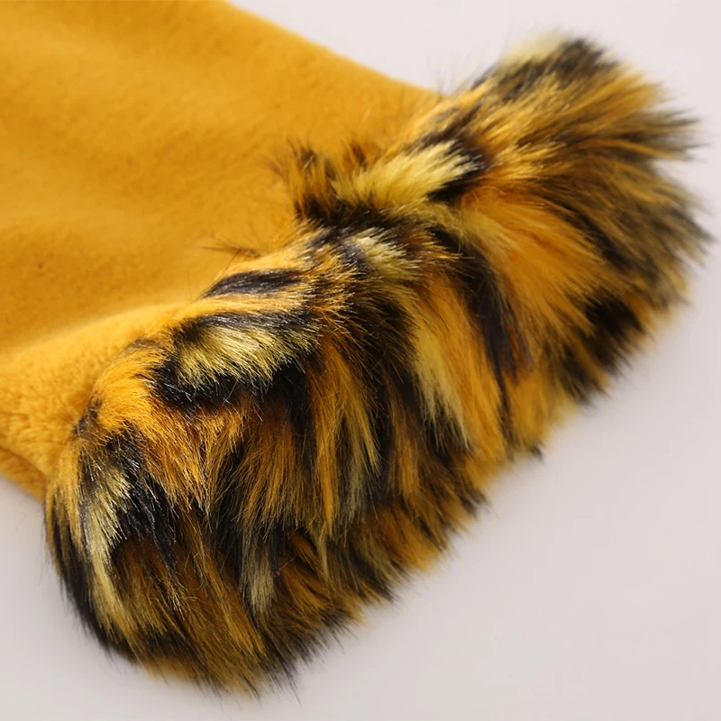 

Nerazzurri winter short faux fur coat women with tiger print fox fur trim plus size yellow fall fake fur jacket fluffy furry top