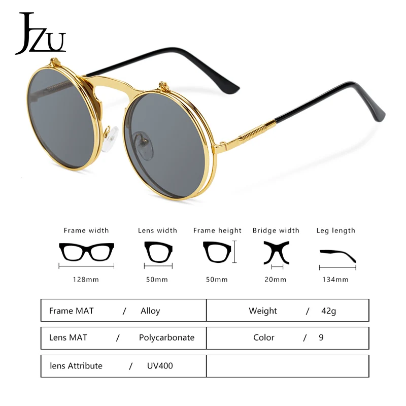 

JZU Vintage Round Sunglasses Men Brand Designer UV400 Punk Retro Men Sun Glasses Women Metal Frame Black lens Eyewear Driving