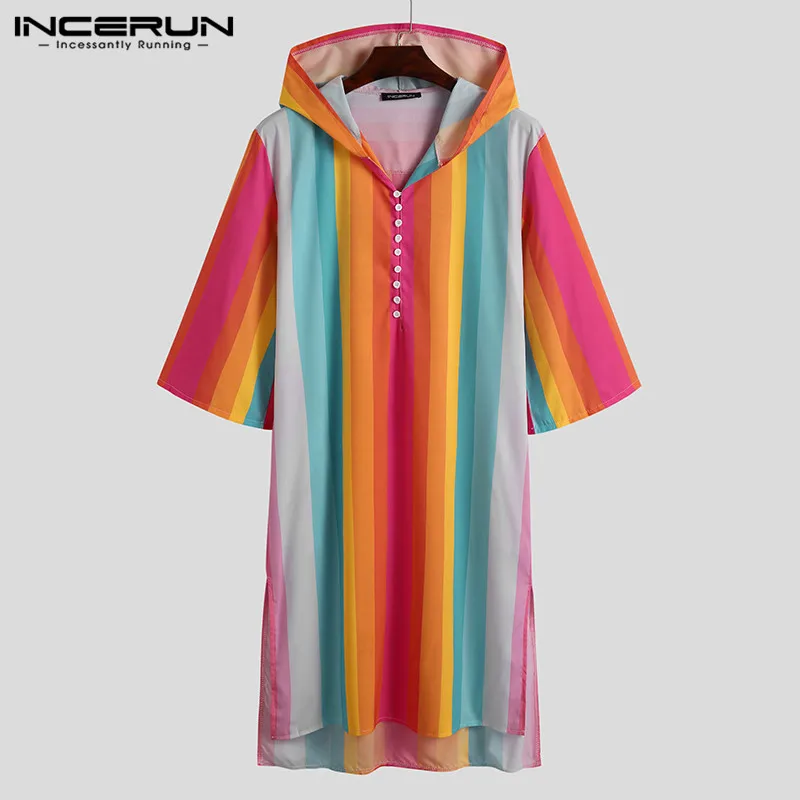 

INCERUN Men Sleep Robes 3/4 Sleeve Hooded Nightgown Man Fashion Colorful Striped Bathrobe 2021 Hem Splitting Sleepwear Plus Size