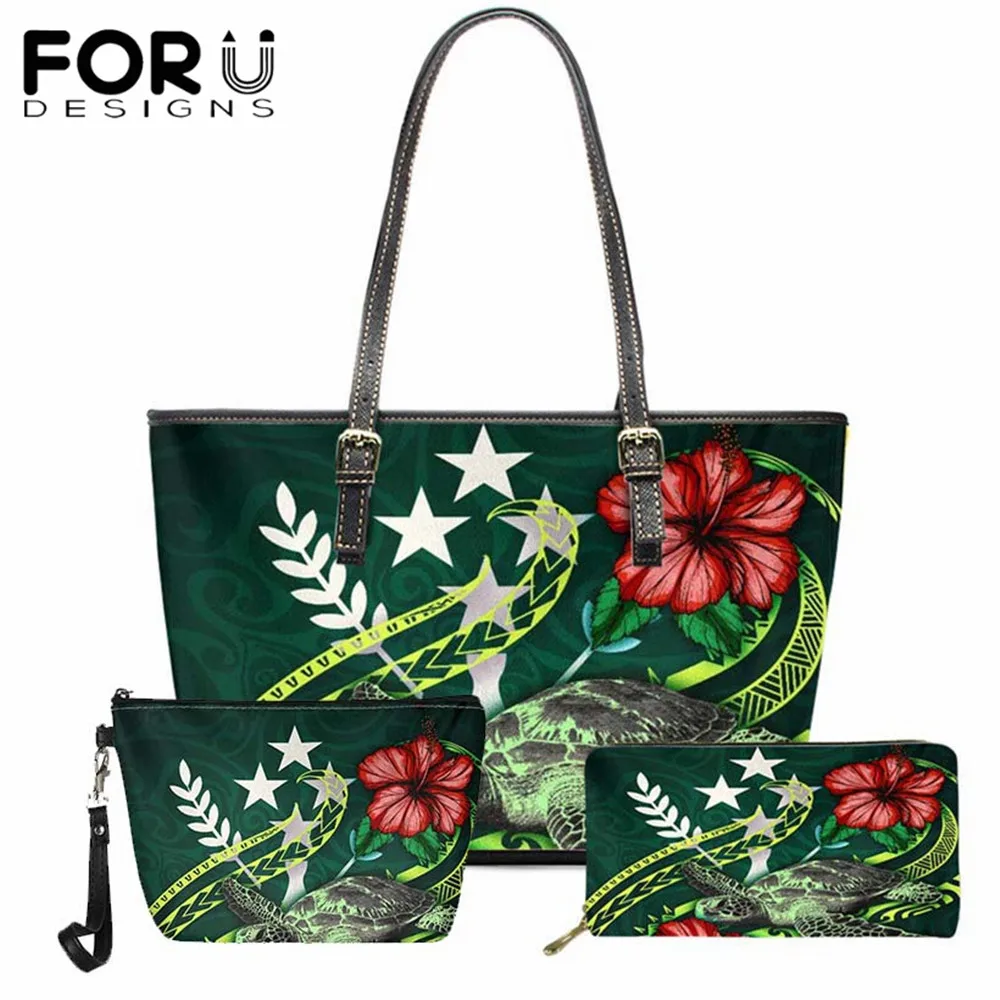 

FORUDESIGNS Kosrae Micronesia Green Turtle Hibiscus Printed 3in 1 Handbag Sets Trend Women Shoulder Bag PU Leather Purse Bolsa